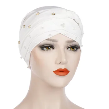 Musulman Solid Femeile Cruce Panglica De Matase Perla Șirag De Mărgele Turban Pălărie Chimioterapie Capace Hijab Articole Pentru Acoperirea Capului Headwrap Placat Cu Pierderea Parului De Acoperire