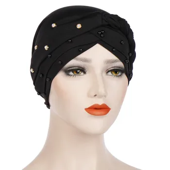 Musulman Solid Femeile Cruce Panglica De Matase Perla Șirag De Mărgele Turban Pălărie Chimioterapie Capace Hijab Articole Pentru Acoperirea Capului Headwrap Placat Cu Pierderea Parului De Acoperire