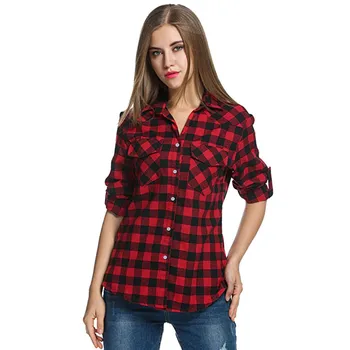 Tricou Pentru Femei Guler de Turn-down Tartan Carouri Flanel Bluza Roll-Up Maneca Topuri Casual Buton Jos Bluza Camisas Mujer