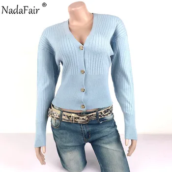 Nadafair Pulover Tricotate Femei 2020 Nou Toamna Iarna Casual V Gât Tunică Subțire Solidă Pulover Roz Albastru Tricot Cardigan Femei