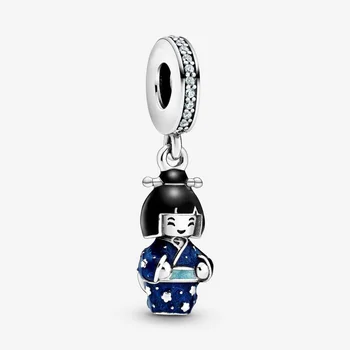 Ziua îndrăgostiților Moda Margele Păpușă Japoneză în Kimono Albastru Farmece Argint 925 Original se potrivesc Pandora Bratari DIY