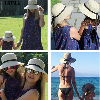 FURTALK Vara Pălărie de Soare pentru Femei Beach Pălărie de Paie pentru Mama si Copii Părinte-copil Protecție solară Găleată Pălării cu Borul Larg de Vară Capac