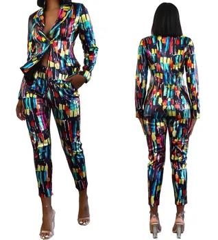 New Sosire Print Costum pentru Femei 2 Bucata Set plin de culoare de Imprimare de Costume de Moda pentru Femei 2020 Singur Buton Femei Costume de Birou Seturi