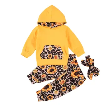 Fetita este cu mâneci Lungi, Pantaloni Costum Proaspăt Leopard de Floarea-soarelui Hanorac cu Print T-shirt Elastic Pantaloni Lungi și cu Bandă de susținere