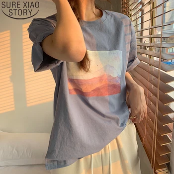 2021 Vara Tricou pentru Femei de Moda Peisaj Imprimare Casual cu Maneci Scurte din Bumbac T-shirt Teuri O-gât Topuri de Epocă Tricouri 9999