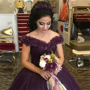 Pe Umăr Cu Flori 3D Împodobită Rochii de Bal 2020 Violet Etaj Lungime Formale pentru Femei Petrecere de Seara, Rochii Plus Dimensiune