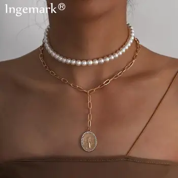 Goth Fecioara Maria Cerc Pandantiv Cravată Colier Declarație Boho Epocă Înger Monedă Colier Cu Lanț Lung De Femei De Moda, Bijuterii 2020