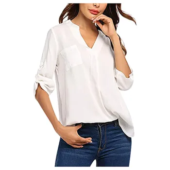 2020 Femei haine Femei Șifon Cămașă Ondulată 3/4 Sleeve V-neck Doamnă Birou Casual T-shirt, Blaturi Harajuku Streetwear Tees