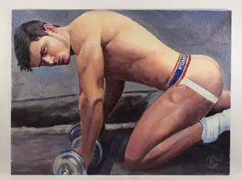 Nud GAY portret de ARTĂ sexy musculare abdominale atractiv #, pictate manual #Original pictura in Ulei pe Panza 009
