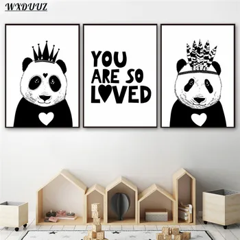 Nordic Drăguț Alb Negru Desene Animate Panda Pictura Art Decor Acasă Imagine Panza De Calitate Poster Copiii De Grădiniță Cameră Decor De Perete