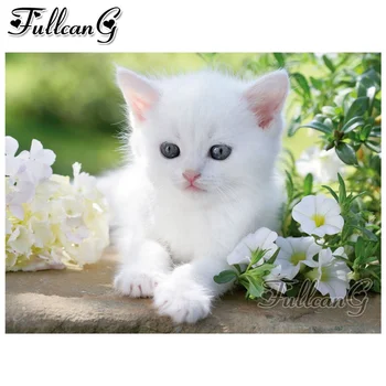 FULLCANG diy 5d diamant mazayka pisică albă și flori wisseh pictura animale full patrat/rotund burghiu broderie vanzare kit FC1380