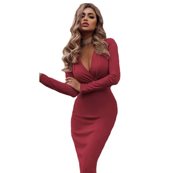 2020 Noua Moda Femei Pachet Șold Solid Adânc V-Gât Rochie Sexy cu Maneci Lungi Ori Lady Rochii pentru Femei