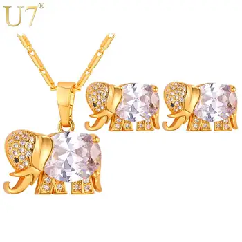U7 Elefant Drăguț Stud Cercei Si Pandantiv Set Colier Aur/Argint Culoare Cristal Cubic Zirconia Femei Set De Bijuterii 2017 S1008