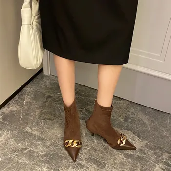 Femei De Moda Cizme Glezna Lanț De Metal Subțire Mijlocul Tocuri Petrecere Pompe De Piele De Căprioară Negru Cizme Maro Cu Fermoar Spate Elegant, Pantofi De Cald Slim