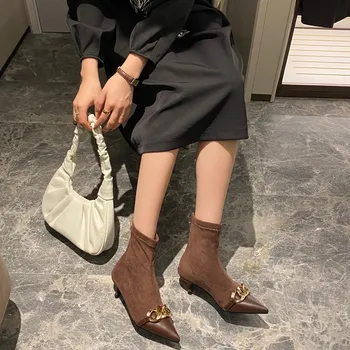 Femei De Moda Cizme Glezna Lanț De Metal Subțire Mijlocul Tocuri Petrecere Pompe De Piele De Căprioară Negru Cizme Maro Cu Fermoar Spate Elegant, Pantofi De Cald Slim