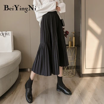 Beiyingni Vintage Plisata Fusta Midi pentru Femei 2019 Casual Elastic Talie Mare, Solid Fuste Femei Harajuku Office Fusta Doamnelor