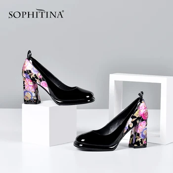 SOPHITINA Moda Femei Pompe de 8.5 cm Toc Pătrat Elegant Flower Print piele de Oaie de Alunecare Superficială Pantofi Mature Pompe Elegant SO411