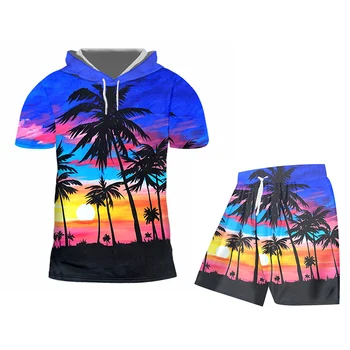 OGKB Bărbați Costum de Moda Casual Nou cu 2 pic Seturi Om Tricou Și pantaloni Scurți 3D Hawaii Imprimare Plaja Quick Dry Top Hawaiian Summer Trening