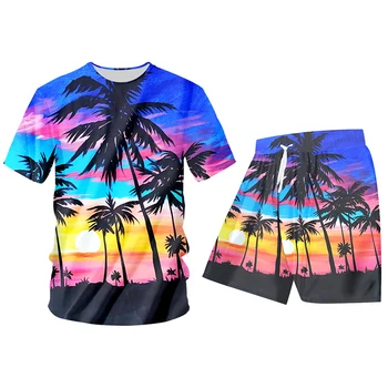 OGKB Bărbați Costum de Moda Casual Nou cu 2 pic Seturi Om Tricou Și pantaloni Scurți 3D Hawaii Imprimare Plaja Quick Dry Top Hawaiian Summer Trening