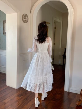 2021 Femeie Nouă Rochie de Dantelă Albă mozaic maneca lunga casual dulce maxi rochie de partid de sex feminin toamna vestido ștrasuri din mărgele buton