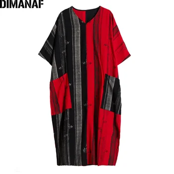 DIMANAF Femei, Plus Dimensiune Rochie Vintage de Dimensiuni Mari sex Feminin Vestidos de Bumbac Casual Negru cu Dungi Îmbinat Vara Rochie Vrac 2019