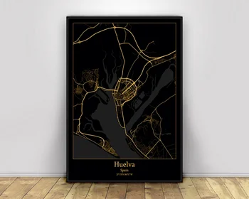 Huelva Spania Black&Gold City Light Hărți Personalizate Lume Hartă A Orașului Postere Canvas Printuri Stil Nordic Arta De Perete Decor Acasă