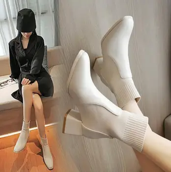 Femeie Elegant Bej Glezna Cizme Pentru Femei Tocuri Inalte Doamnelor Cizme De Moda Botas Calitatea Cap Pătrat Tesatura Stretch Pantofi De Toamnă