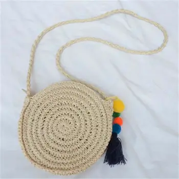 Boem rattan geantă de mână-țesute de femei sac de paie de moda rotund geantă de umăr, sac de plajă