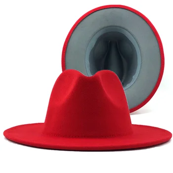 60CM rosu cu gri Jos Mozaic Panama Lână Simțit Jazz Pălării Fedora Femei Bărbați Margine Largă Petrecere Cowboy Trilby Jucător Pălărie
