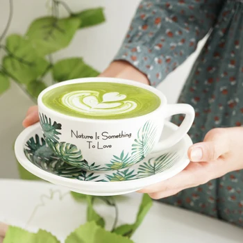 Monstera design cappuciano cupa & farfurie tropicale cu frunze de latte art cupe pentru cafenea și un cadou