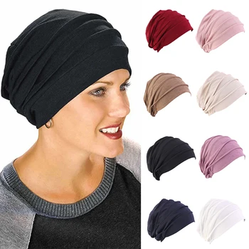 2020 Nou Bumbac Elastic Turban Pălărie De Culoare Solidă Femei Iarna Cald Pierderea Parului Văl Capota Interior Hijabs Capac Musulman Chimioterapie Pălărie