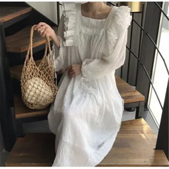 Rochie Femei Toamna anului 2020 coreeană Stil Vintage Chic Pătrat Guler Alb Rochii Lungi Ciufulit Vestidos 5A011