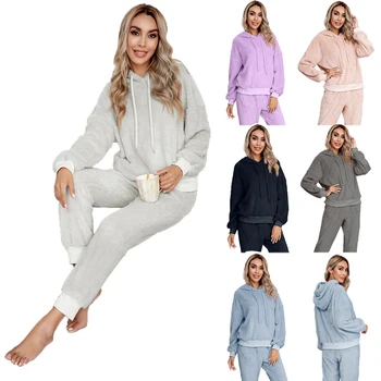 2020 Iarna Noi Lână Cald Două Bucata Set Homewear Pijamale Femei Maneca Lunga, Hanorac Cu Glugă De Sus Pantaloni Fuzzy Tinutele Casual