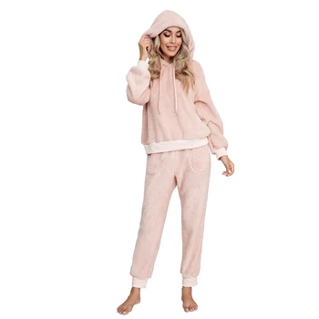 2020 Iarna Noi Lână Cald Două Bucata Set Homewear Pijamale Femei Maneca Lunga, Hanorac Cu Glugă De Sus Pantaloni Fuzzy Tinutele Casual