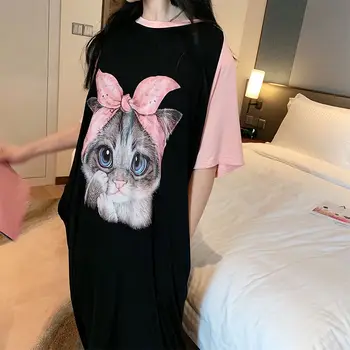 Cămașă de noapte 3D Pisica Casual de Dimensiuni Mari Rochie Vrac Vestido De Mujer de Vară Serviciu Acasă cămașă de noapte de sex Feminin Roz 2XL
