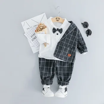 Primavara Baby Boy Set Haine Copii Copilul Maneca Lunga T-Shirt+Carouri Sacou+Pantaloni Trei Piese Costum Copil De Brand Nou-Născuți Băieți Costume