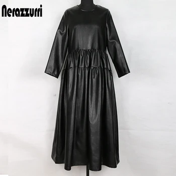 Nerazzurri pu Negru din piele rochie femei, cu maneci lungi maxi dress cutat lung doamnelor plus dimensiune îmbrăcăminte pentru femei 4xl 5xl 6xl