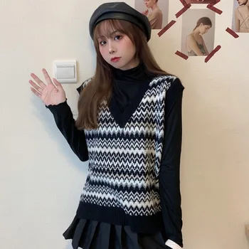 Elevii de școală Fată Drăguță Tricotate Pulover V-neck Pulover Epocă Vesta de Moda Moale Stil coreean Liber fără Mâneci Topuri Rezervor
