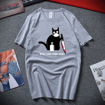Spală-Ți mâinile de Pisica Neagra Cu Cuțitul Amuzant tricou Barbati Top de Bumbac T-Shirt Noi Misto de îmbrăcăminte pentru Bărbați Tricou Unisex