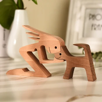 Familia Catelus Câine Din Lemn Meșteșug Figurina Desktop Masă Ornament Sculptură În Lemn Model Creative Home Decor De Birou Un Om Și Câine