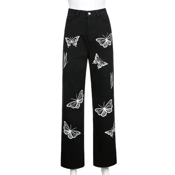 InsGirl Harajuku Streetwear Direct Pantaloni Femei Retro, Grunge Fluture De Imprimare Talie Inalta Blugi Largi Punk Mall Goth Y2k Pantaloni