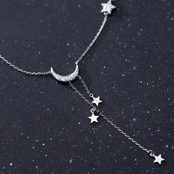 Trustdavis Real Argint 925 Dulce INS Star Luna Tassel Pandantiv Clavicula Cravată Colier Pentru Femei S925 Bijuterii DA1743