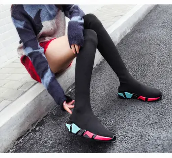 Elastice Peste Genunchi Cizme Femei Șosete Cizme Negre Lungi Coapsa Inalta Slim Tricotat Cizme Adidasi Platforma Designer De Pantofi Lungi
