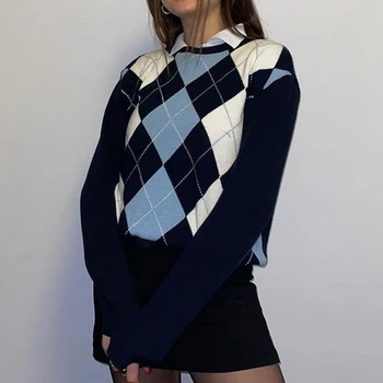 Laamei Argyle Carouri Pulover tricotat cu Maneca Lunga Casual, Pulovere Femei Stil Preppy O-Gât 90 Pulovere de Toamna de Moda Tricotaje