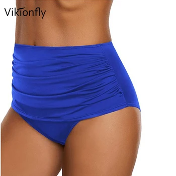 Vikionfly Plus Dimensiunea Femei Bikini Talie Mare de costume de Baie, Costume de baie, Chiloti Pentru Femei Ruched Înot pantaloni Scurți Albastru Negru Rosu