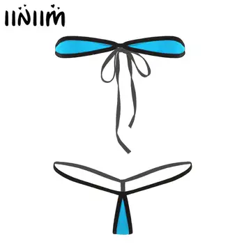 Femei Bikini de Vară Costume de baie de Acoperire Minimă Micro Bikini Set de Lenjerie fara Bretele, Cravata-pe Tub Sutien Top cu Curea G-String Boxeri