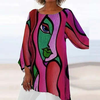 Femei Casual Abstract Imprimate Bluza Cu Maneci Lungi Tricou Elegant O Gât Pulover Topuri Doamnelor 2021 Primavara Toamna Neregulate Blusa