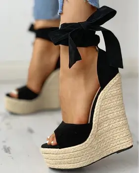 Femei Vara Fluture Nod Solid Negru Pantofi Sandale De Moda Tocuri Platforma Wedge Glezna Papion, Pantofi Rochie 35~42