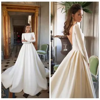 Vintage Satin Rochii de mireasă cu Spatele gol Maneca Lunga-Line Rochie de Mireasa Printesa vestido de noiva Spate Deschis Elegant robe de mariée