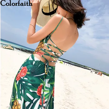 Colorfaith Noi 2019 Femei Primavara-Vara Sundress Sexy V-Neck Lace Up cu Spatele gol, Gol pe Plajă Talie Înaltă, Rochii Lungi DR7085